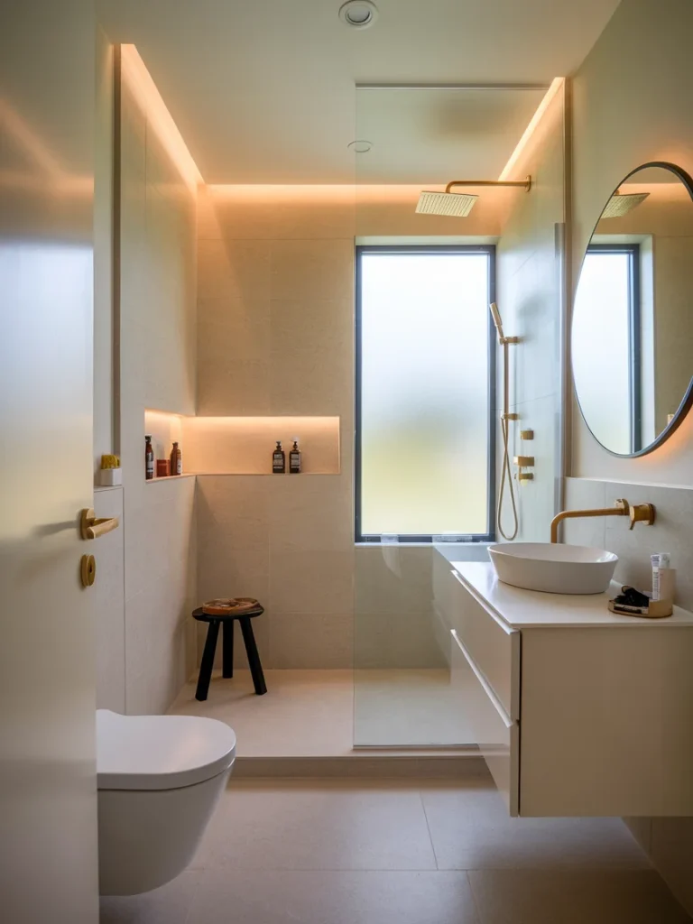 Small modern bathroom with a glass walk-in shower, warm backlighting, and minimalist floating vanity.