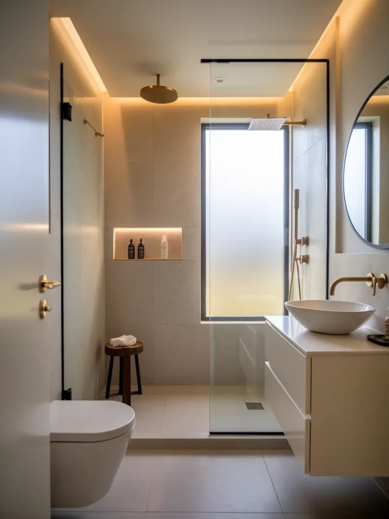 Modern small bathroom with a walk-in shower, floating vanity, round mirror, and soft ambient lighting.