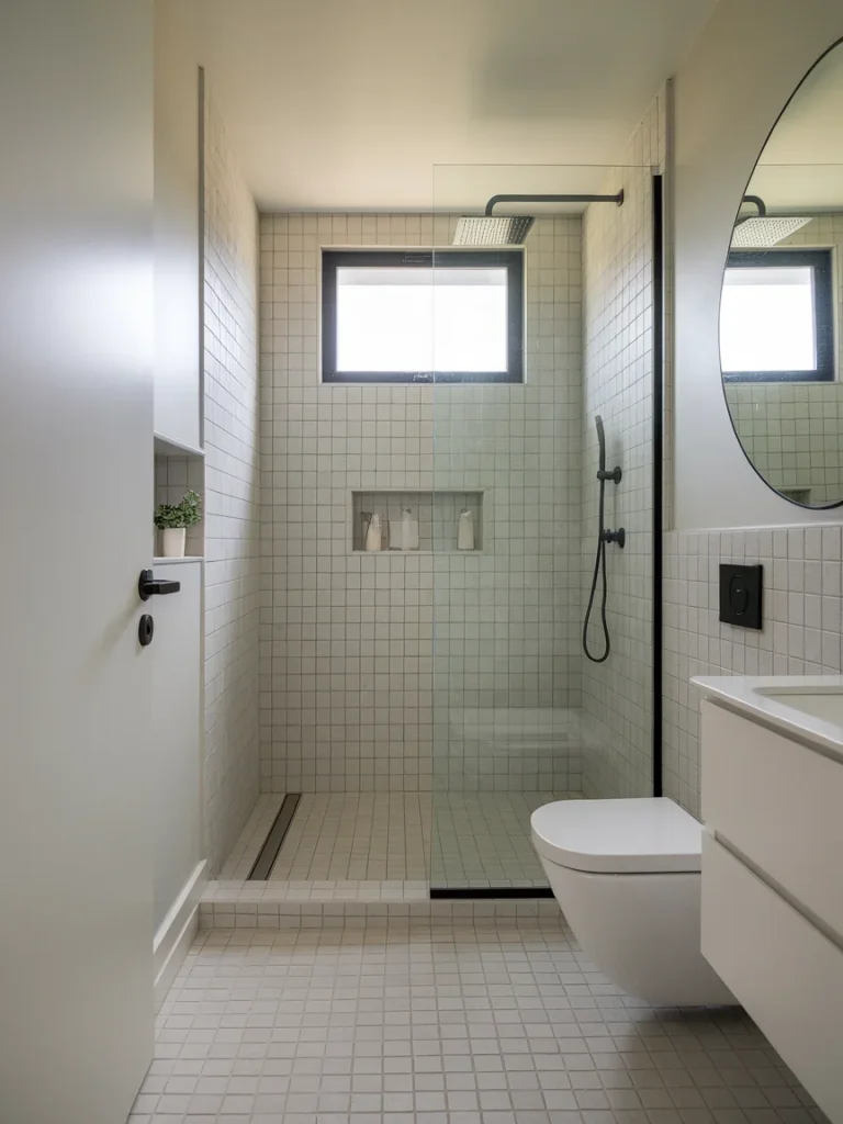 Minimalist small bathroom with a space-saving walk-in shower, glass partition, and wall-mounted fixtures.