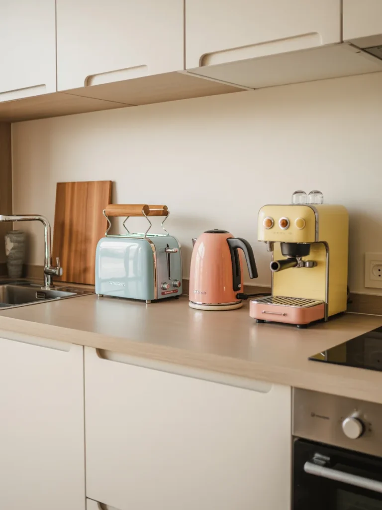 Modern kitchen countertop with colorful retro-style appliances including a pastel blue toaster, pink kettle, and yellow espresso machine.