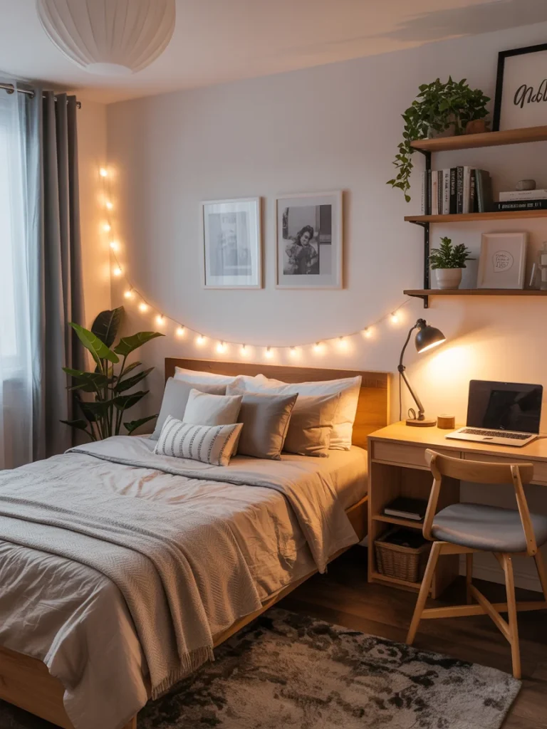 Warm and cozy university bedroom with string lights, neutral bedding, wooden desk setup, and potted plants for a relaxing study space.