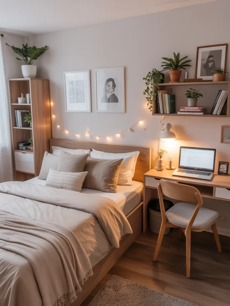 Cozy university bedroom with warm lighting, neutral bedding, wooden furniture, and plants creating a comfortable study space.