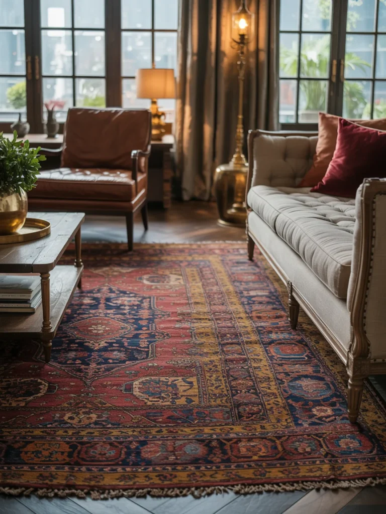 A warm, elegant living room featuring a richly patterned vintage Persian rug in red, navy, and gold tones, paired with a tufted beige sofa, leather armchair, and brass accents under soft natural light.