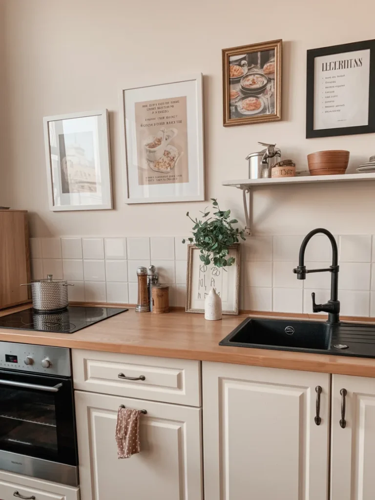 Cozy kitchen with framed wall art, open shelf decor, and efficient use of wall space for a stylish, personalized look.