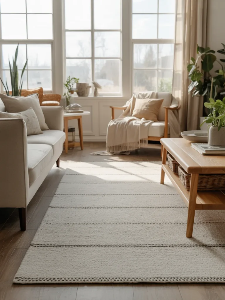 A bright and airy living room featuring a light beige washable rug with subtle striped patterns, surrounded by a neutral sofa, wooden coffee table, cozy armchair, and indoor plants.