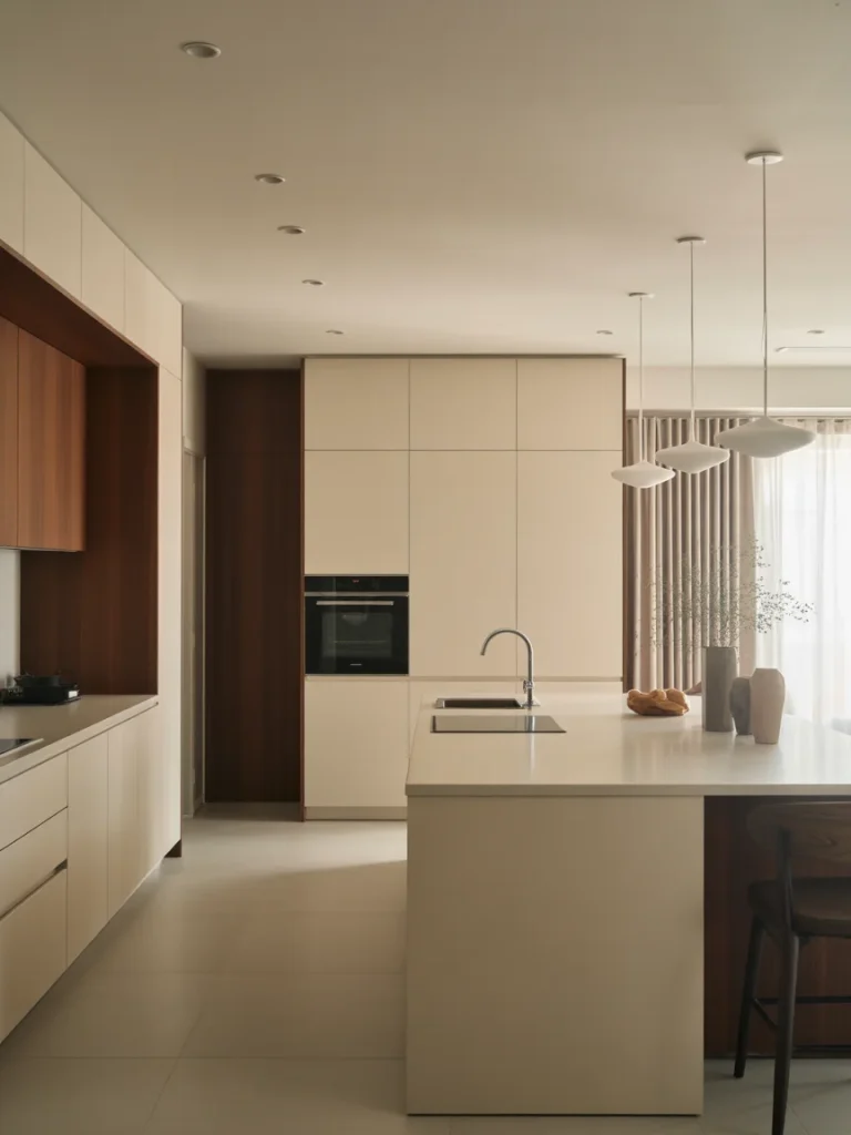 Minimalist modern kitchen with clean lines, beige cabinetry, a marble island, and pendant lighting.