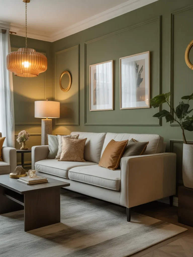 Living room with sage green walls, beige sofa, and warm accent colors.
