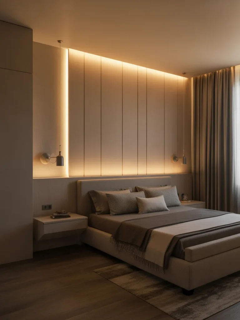 Modern bedroom with an accent wall featuring vertical panels and warm LED lighting.