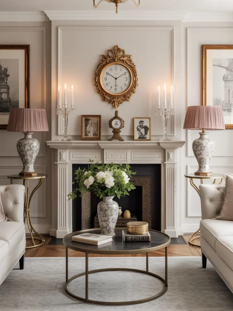 Elegant living room with classic decor, ornate wall clock, and sophisticated accessories.