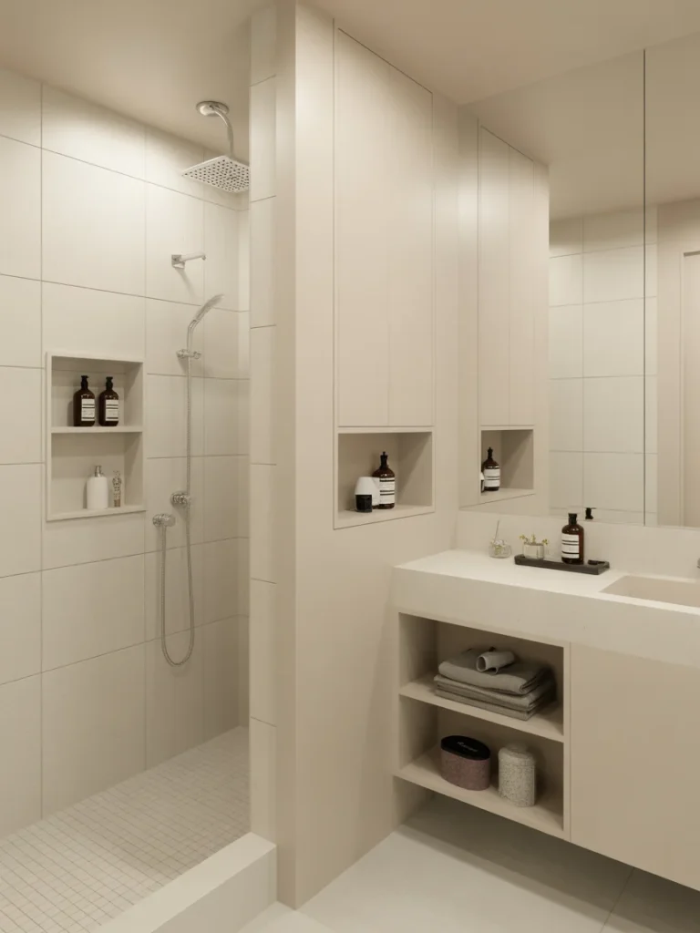 Modern beige bathroom with built-in shower niches and custom integrated vanity shelving.