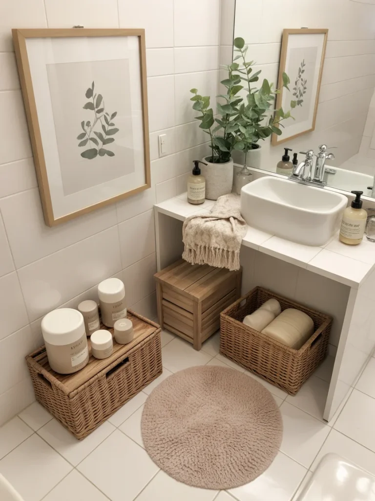 Minimalist small bathroom with wicker baskets, simple decor, and organized storage under the sink.