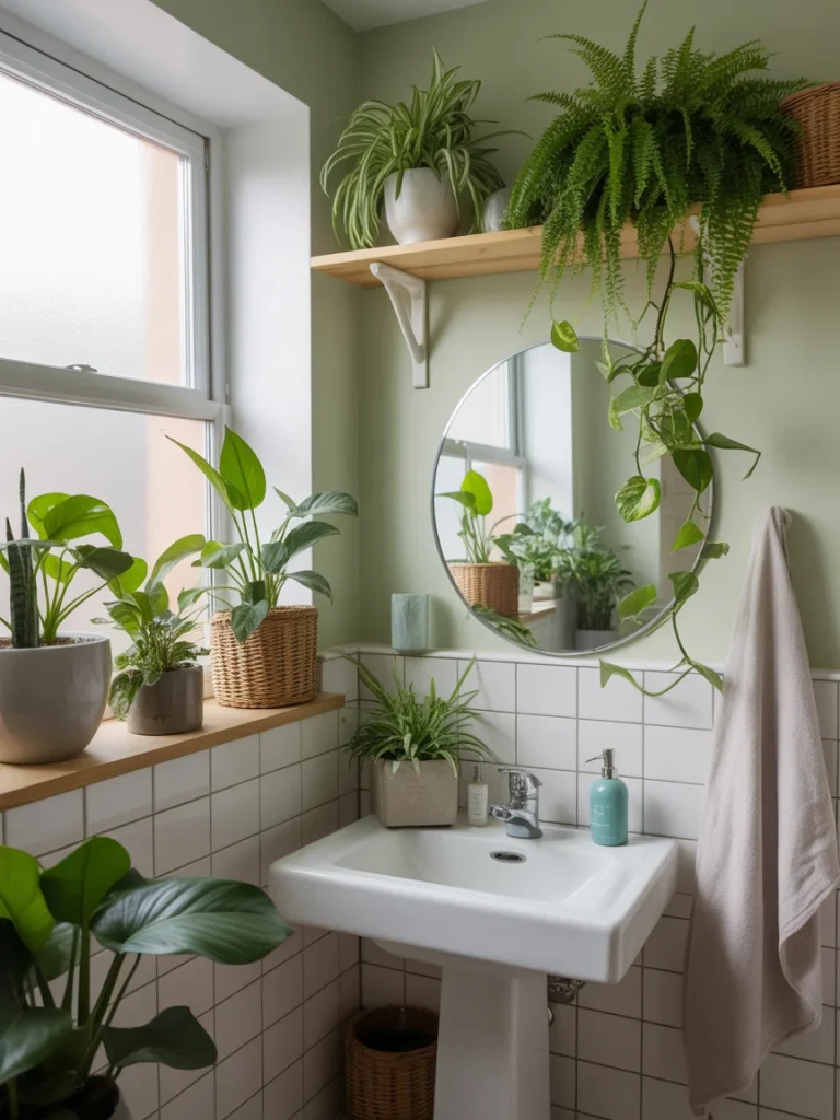 Small bathroom with a pedestal sink, soft green walls, and various potted plants adding a fresh, natural touch.