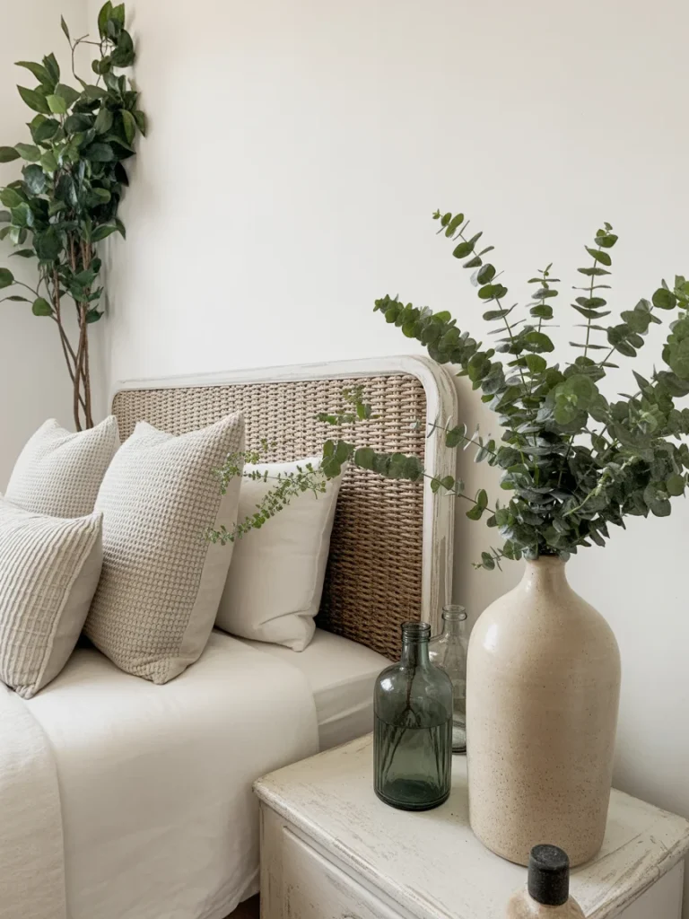 Farmhouse bedroom with greenery and natural accent decor.