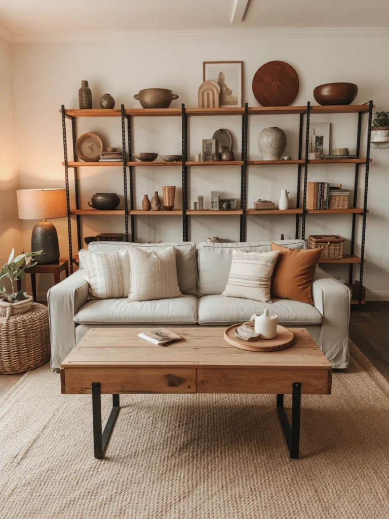 Living room with vintage and handmade decor on open shelving.