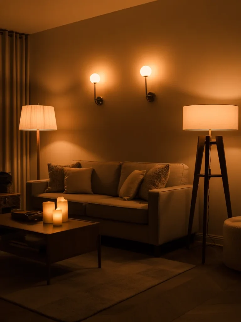 Cozy living room with warm ambient lighting and candles.