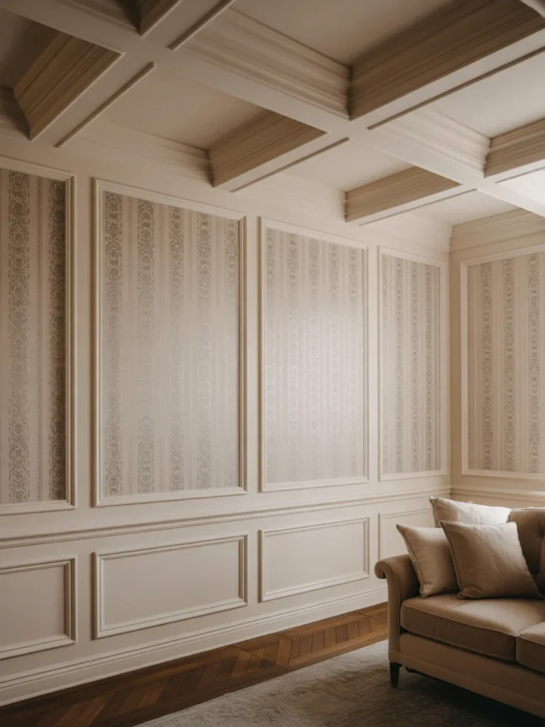 Elegant living room corner with coffered ceiling and decorative wall paneling.