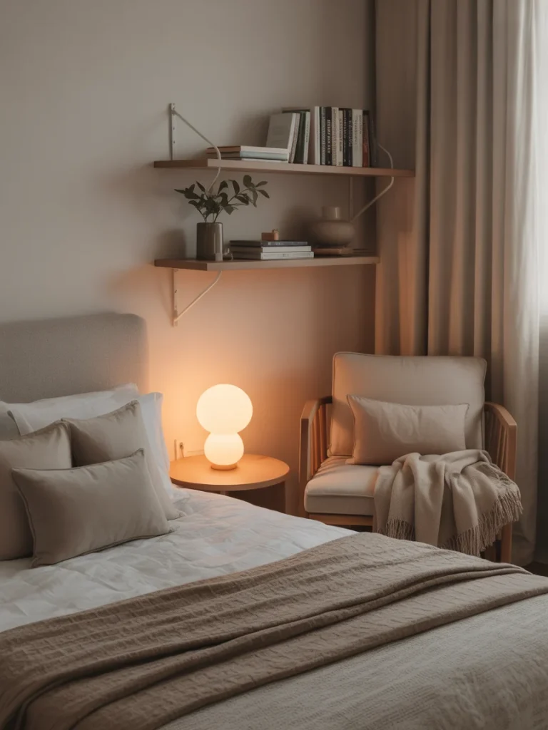 Cozy bedroom reading nook with soft lighting, wooden chair, throw blanket, and minimalist wall shelves