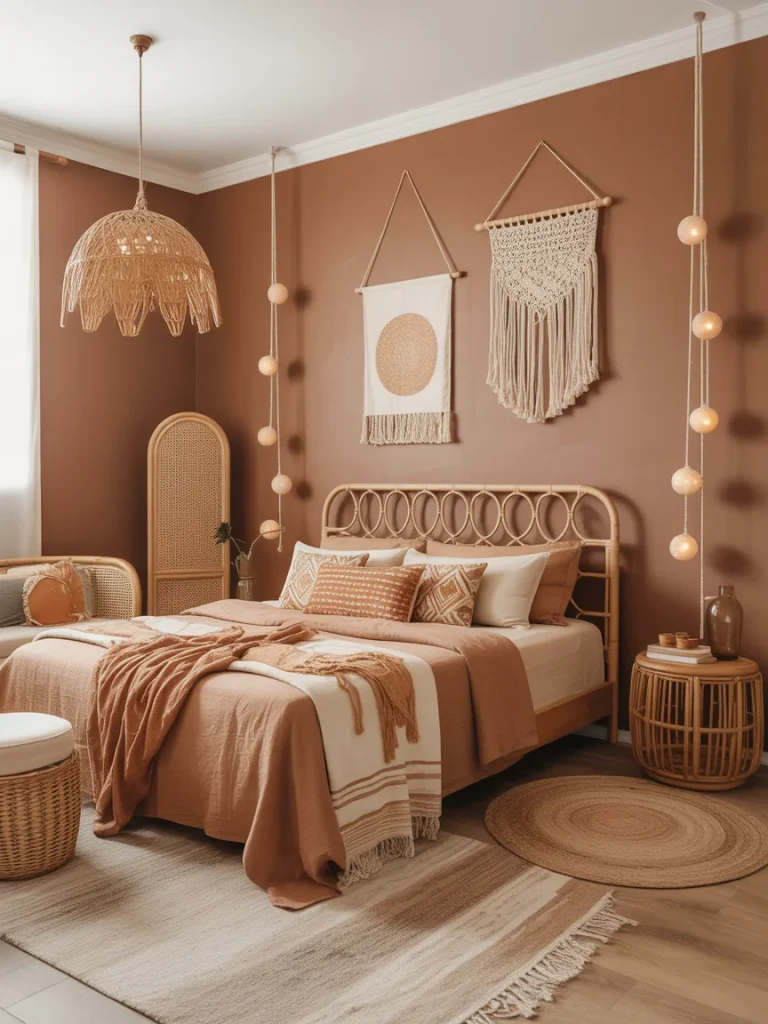 Boho brown bedroom decor with rattan furniture and earthy textiles.