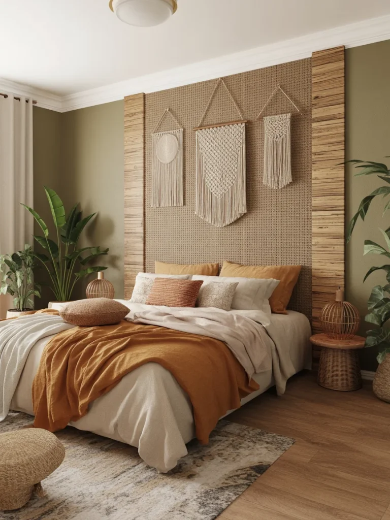 Boho bedroom with a natural woven accent wall and macrame wall hangings above the bed.