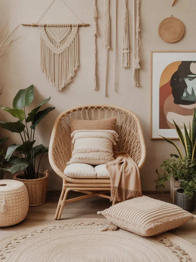 Boho reading nook with rattan chair, macrame wall decor, neutral pillows, and indoor plants