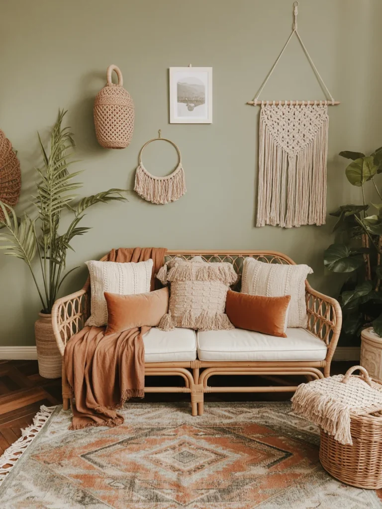 Boho sage green living room with rattan furniture and earthy decor accents.