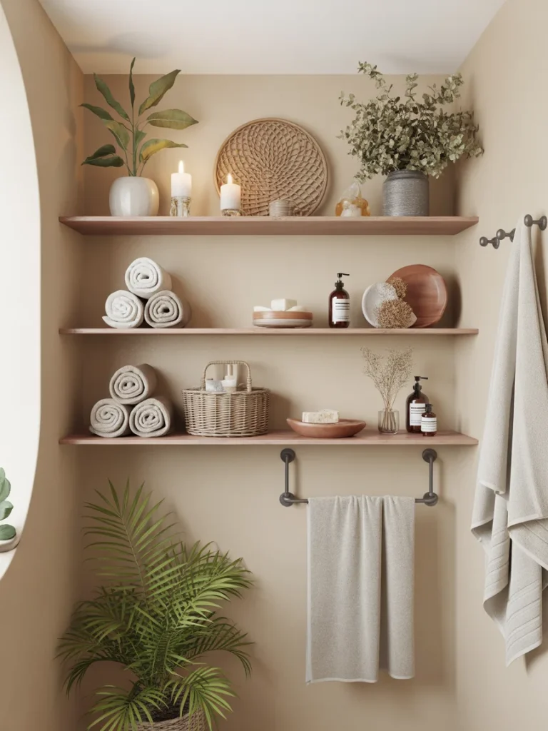 Boho-style bathroom shelves decorated with woven baskets, candles, rolled towels, natural ceramics, and houseplants.