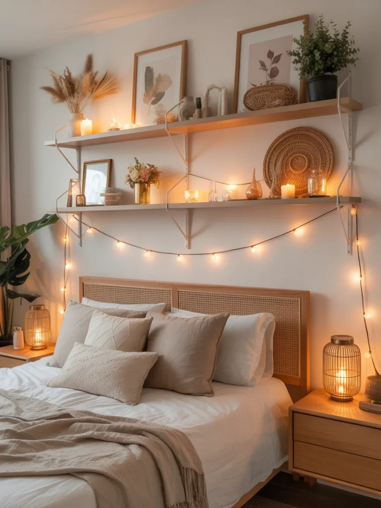 Warm and cozy boho bedroom with two wooden wall shelves decorated with candles, woven baskets, framed art, and plants above a rattan headboard bed.