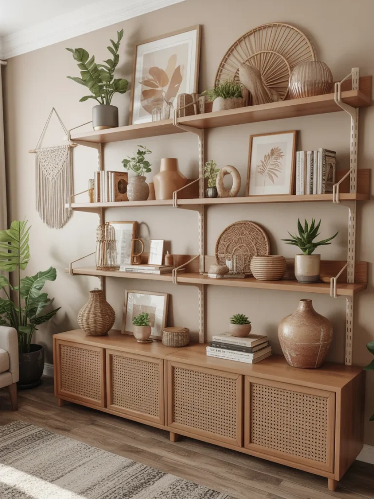 Boho shelf decor in a living room with wooden shelving, woven baskets, neutral pottery, plants, and framed artwork.