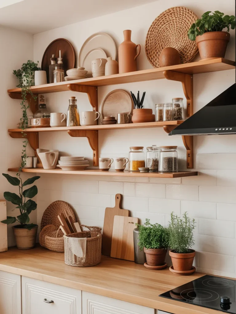 Boho-style open kitchen shelves decorated with neutral ceramics, woven baskets, cutting boards, herbs in terracotta pots, and warm wood accents.