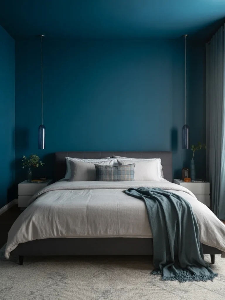 Bedroom with a bold teal accent wall and matching ceiling for a dramatic look.
