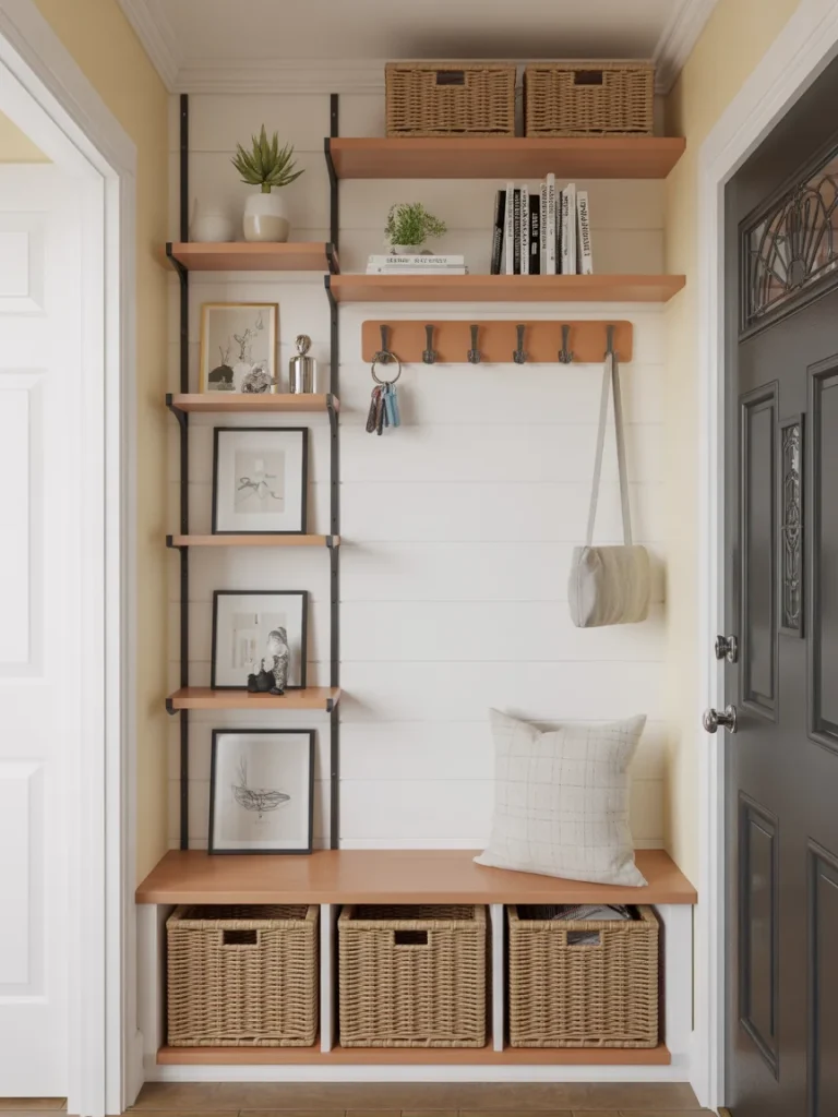 Entryway bookshelf with wooden floating shelves, storage baskets, wall hooks, and a small bench for organizing small spaces.