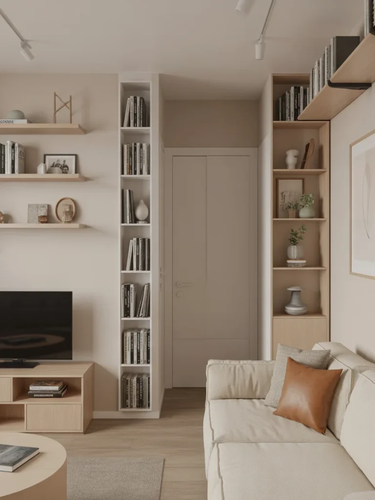Tall built-in narrow bookshelves in a modern small living room with neutral decor and minimalist shelving
