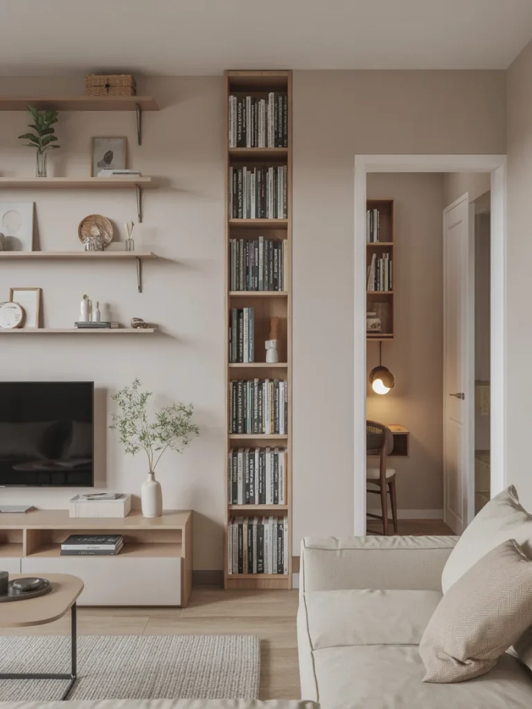 Tall narrow built-in bookshelf in a small modern living room with neutral décor and floating shelves.