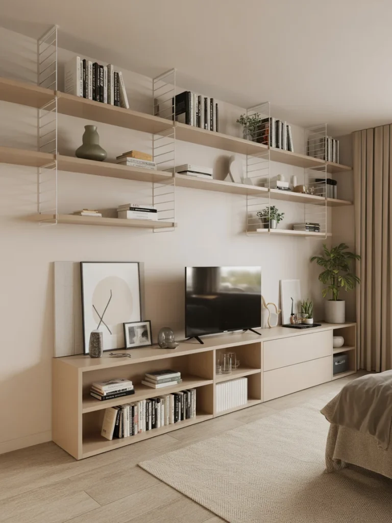 Modern studio apartment with wall-mounted bookshelves above a low media console, neutral decor, and minimalist shelving design.