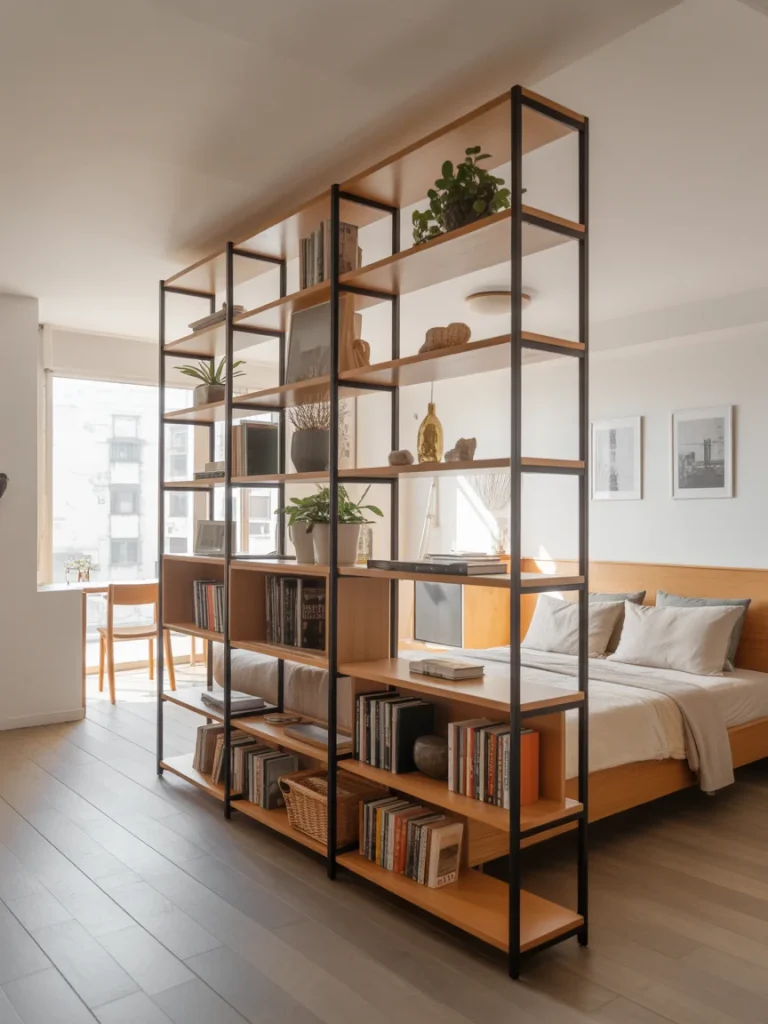 Open wooden and metal bookshelf used as a room divider in a modern studio apartment.