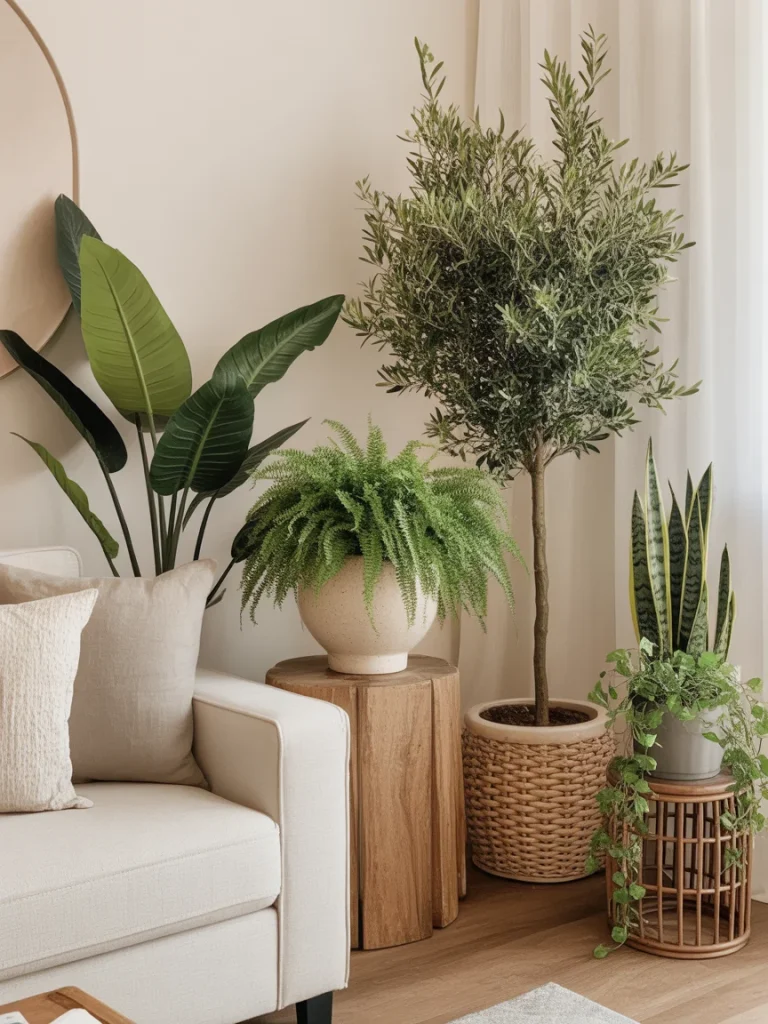 Living room corner with potted indoor plants and neutral decor.