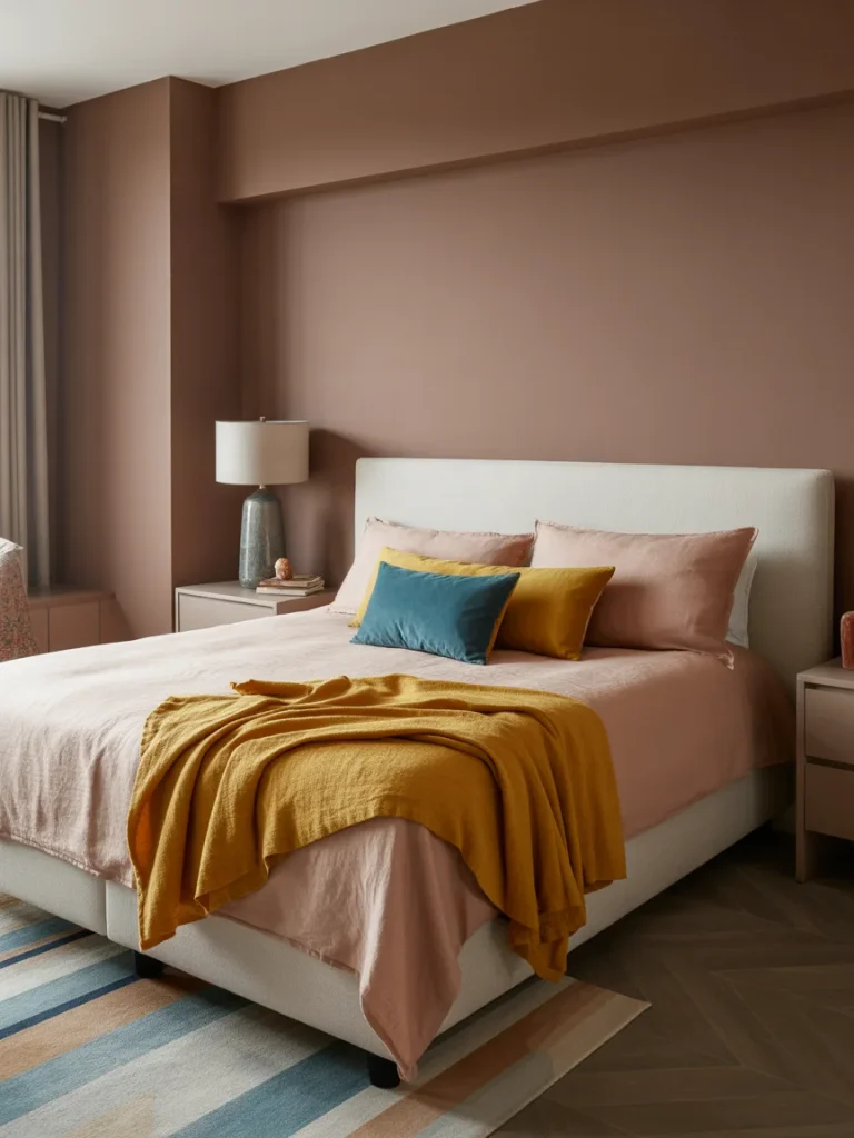 Brown bedroom with colorful accents featuring mustard yellow and teal decor.