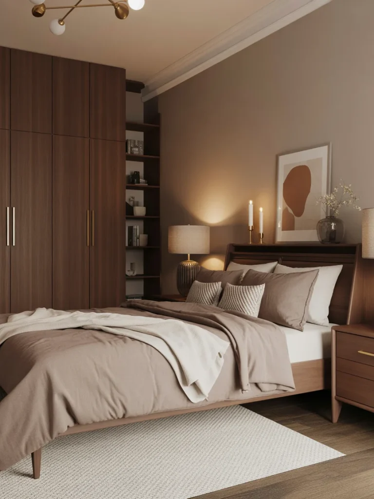 Modern bedroom with brown furniture and elegant finishing touches.
