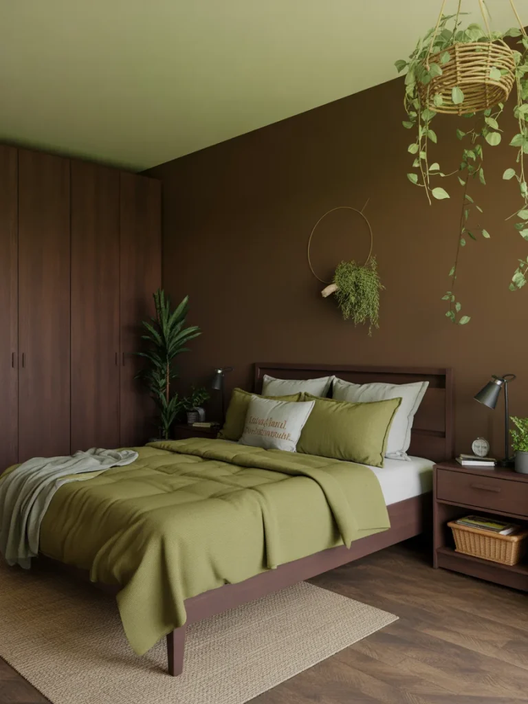 Brown and green bedroom with natural decor and indoor plants.