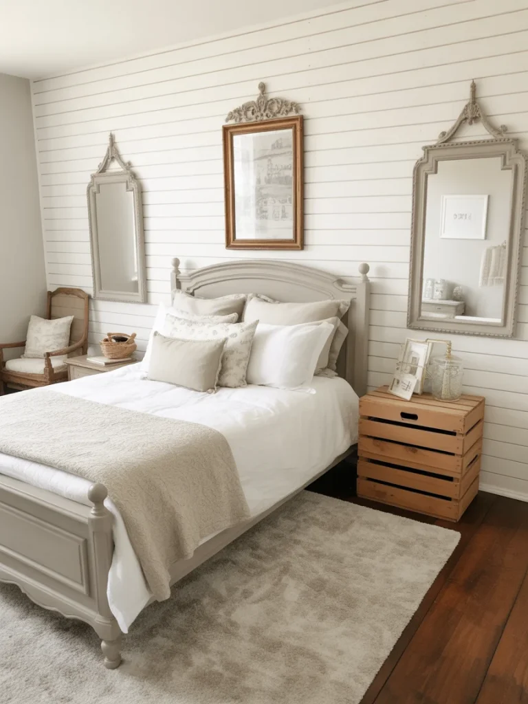 Budget-friendly farmhouse bedroom with neutral decor and DIY accents.