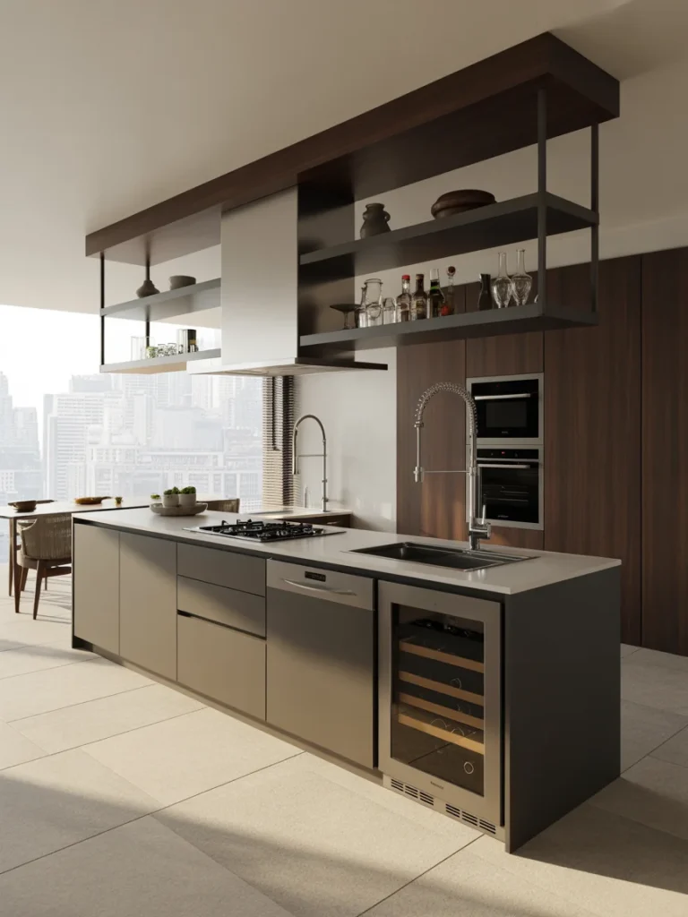 Modern kitchen island with built-in appliances, open shelving, and a sleek minimalist design.