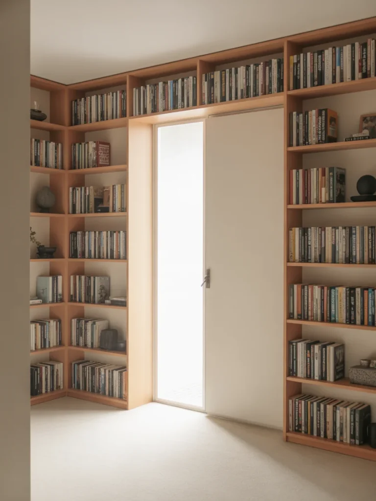 Built-in bookshelves surrounding a doorway in a small room.