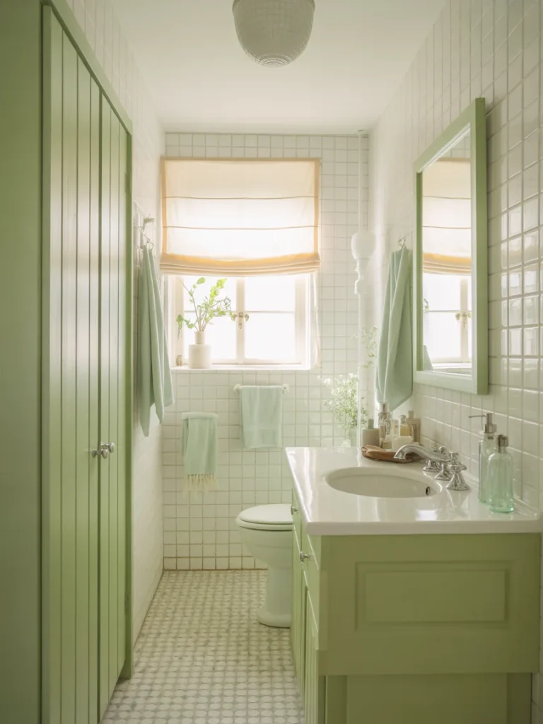 Small bathroom with light green cabinetry, white tile walls, soft natural light, and pastel accents.