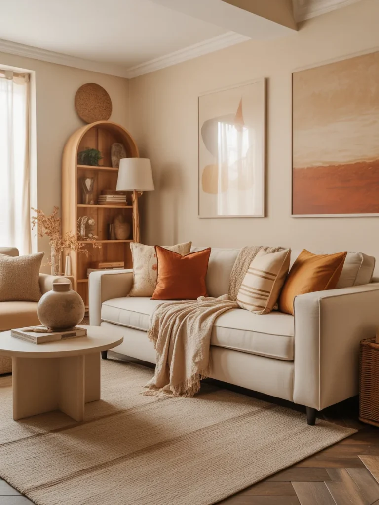 Neutral-toned living room with warm earthy accents and cozy decor.