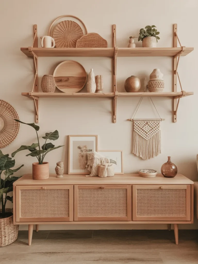 Boho living room with wooden floating shelves styled with woven baskets, ceramics, and natural decor above a rattan media console.