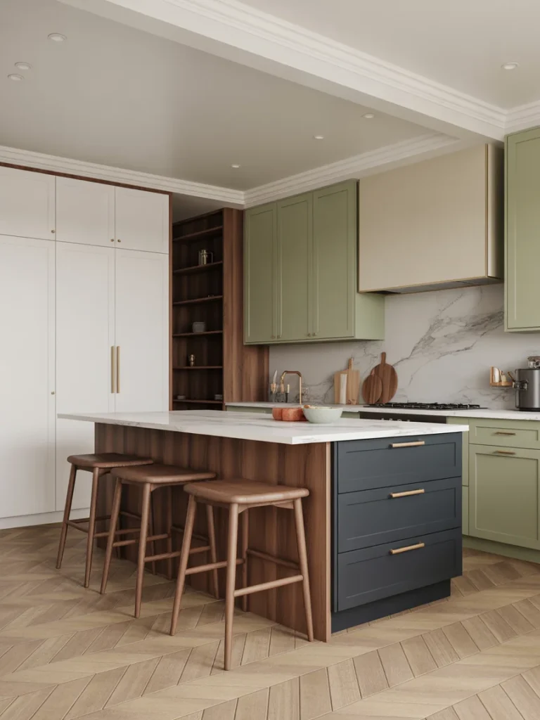 Modern kitchen with sage green cabinets, navy island drawers, white countertops, and warm wood accents.