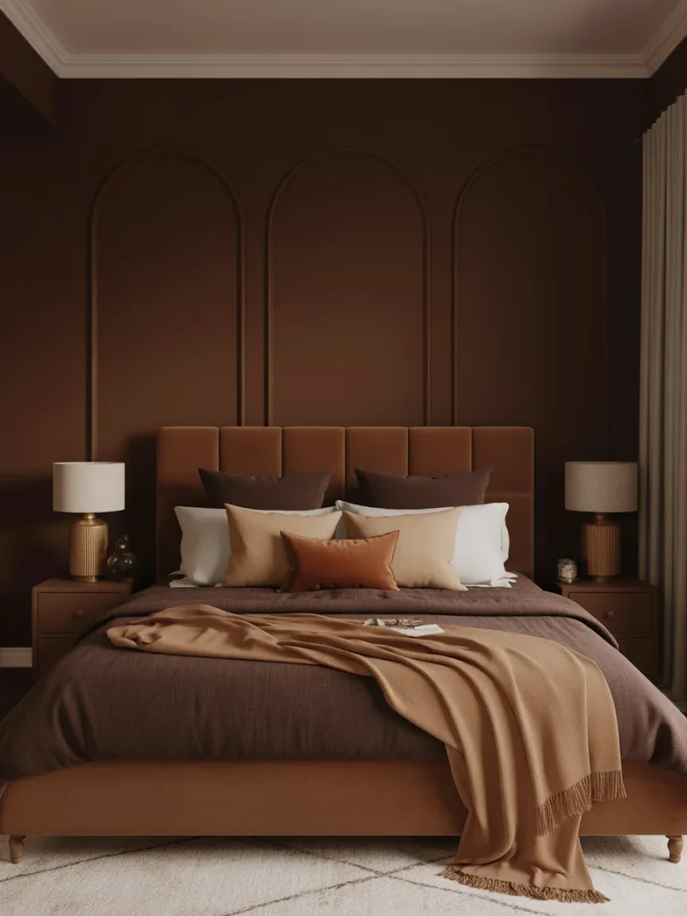 Elegant bedroom with deep brown walls and warm layered bedding.
