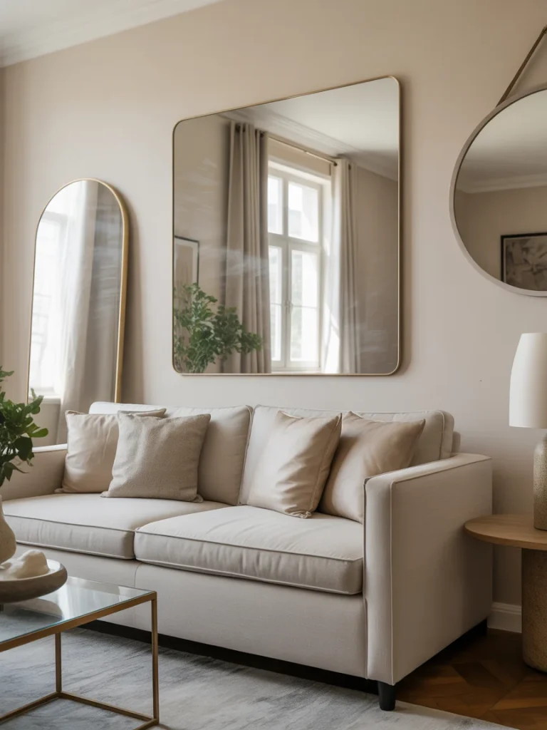 Modern living room with multiple mirrors in different shapes above a neutral sofa.