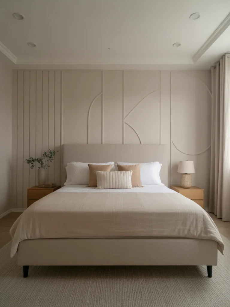 Neutral bedroom with a geometric accent wall and minimalist decor.