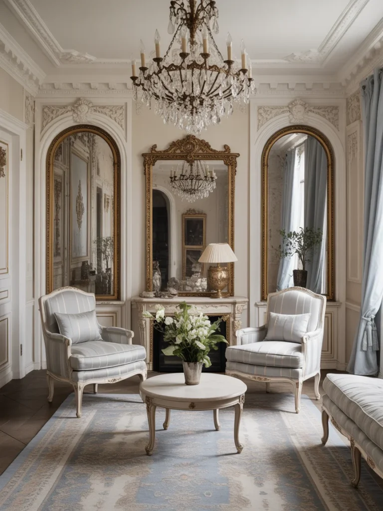 Elegant European-style living room with ornate mirrors, chandeliers, and vintage furniture.